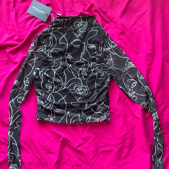 PLT Tall black mesh ruched side abstract face print crop top (SOLD OUT) - Picture 4 of 4